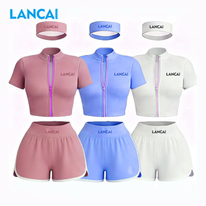 2026 Women 3 Piece Activewear Set Short Sleeve Zip Crop Jacket Booty Shorts Headband Yoga Gym Workout Fitness Outfit Sportswear - Product Image 2