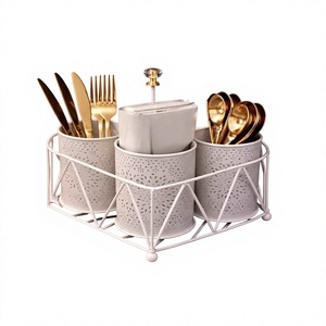 Modern Metal Cutlery Holder <b>Set</b> with 3 Perforated Cans for Kitchen Tableware Storage Detachable Design White Finish - Product Image 3