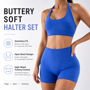 Conjunto de sujetador deportivo halter de yoga ultra suave y shorts de cintura alta con efecto fruncido y espalda abierta sin costuras para mujer, para gimnasio y fitness, con control de abdomen, acabado mate. - Product Image 1
