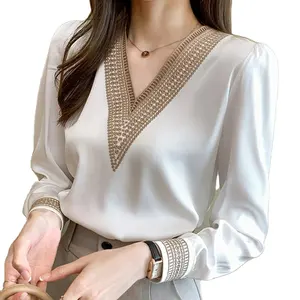 Blusa blanca De manga larga para Mujer, camisa De gasa bordada con cuello en V, De Moda, primavera, 2023