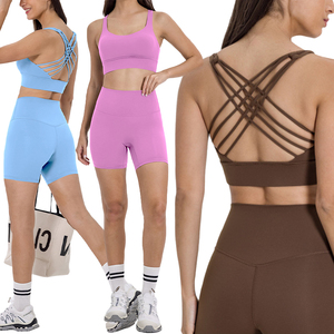 Conjunto Deportivo de Dos Piezas para Mujer S2010+DK067, Secado Rápido, Color Sólido, Espalda Descubierta, Top Deportivo Cruzado, Pantalones Cortos de Cintura Alta, para Gimnasio, Fitness, Yoga - Product Image 1