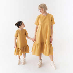 Mom Daughter Matching Short Sleeve Midi <strong>Dress</strong> Loose Fit Maxi <strong>Dress</strong> Button Plain Pleated Long Skirt Linen <strong>Mummy</strong> <strong>and</strong> <strong>Me</strong> - Product Image 2