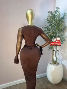 Abito lungo <span class=keywords><strong>da</strong></span> <span class=keywords><strong>sera</strong></span> a sirena <span class=keywords><strong>da</strong></span> donna con pannelli in mesh, collo alto, maniche lunghe e drappeggio, vestito aderente, abbigliamento femminile Sehe Fashion - Product Image 4