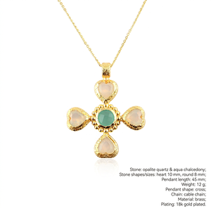 Romantic Jewelry Briolette Cut Opalite Quartz and Aqua Chalcedony Cross Pendant Necklace 18k Gold Plated Chain Brass Necklace - Product Image 1