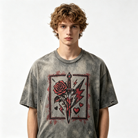 T-shirt Streetwear Dirty Spray pour Homme, motif Rose Dagger, délavage vintage, coton épais, détails usés