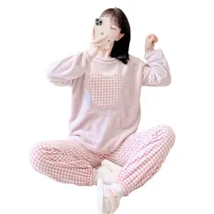 2022 Soft Cute 100% Polyester Micro Polar Fleece Sleep Set Long Sleeve Winter Sleepwear For Women Ladies Pajama Sets