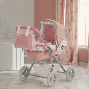 Poussette de poupée en velours côtelé rose avec berceau détachable-Landau fantaisie 2 en 1, tissu en peluche et garniture douce pour un jeu de rôle imaginatif - Product Image 3