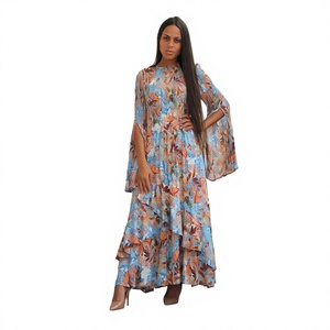 Robe longue pour femme à imprimé floral en mousseline de soie, coupe trapèze, manches lanternes, col rond, ourlet superposé, idéale pour les fêtes décontractées printemps/été - Product Image 2