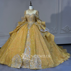 Xs320 Modern Magnificent Gold Holographic Sequin Sweetheart Long Sleeve Crystal Bow <b>Ball</b> <b>Gown</b> Chapel Train Quinceanera Dress - Product Image 2