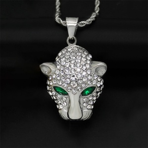Hiphop Green Eye <b>Crystal</b> Leopard <b>Animal</b> Head Stainless Steel Gold Plated Pendant Necklace - Product Image 3
