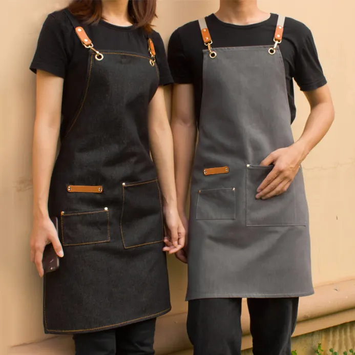 Wholesale custom apron logo denim canvas gardening apron kitchen chef salon stylist apron
