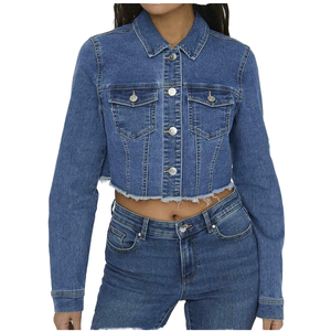 Chaqueta vaquera corta para mujer, estilo camionero, manga larga, con botones al frente, cuello vuelto, color liso, transpirable, estilo primavera - Product Image 1