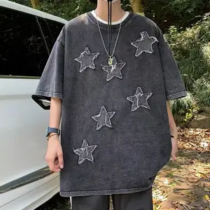 Y2k Custom Clothing High Quality Oversized Distressed Embroidery Tees Costume Logo Distress Patch Washed Vintage T Shirt