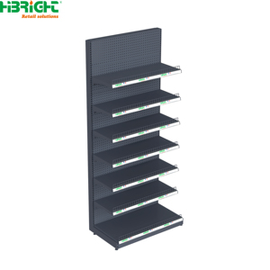 Gondole de supermarché noire perforée simple face avec rail porte-étiquette et garde-corps avant pour magasin de proximité - Product Image 1