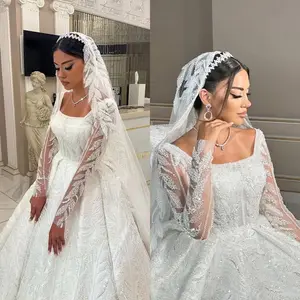 2024 New Cổ Điển Sequins Sang Trọng Dài Tay Áo Bóng Gown Wedding Dresses Tinh Thể Cổ Điển Bridal Gowns Vestido De Novia Hoàng Tử