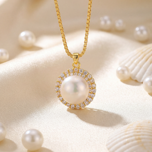 Copper Gold Plated Round Pave CZ Disc Freshwater Pearl Pendant Necklace <b>Box</b> <b>Chain</b> Luxury Jewelry for Women - Product Image 4