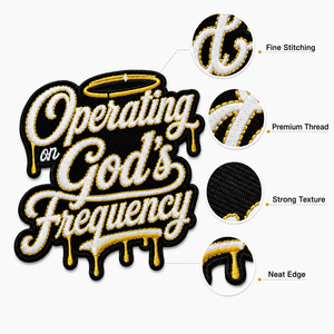 Parches Termoadhesivos Personalizados OEM <span class=keywords><strong>de</strong></span> Alta Calidad con la Frase 'Operating on God's Frequency', Parches Bordados al por Mayor para Gorras, Sudaderas y Accesorios - Product Image 3