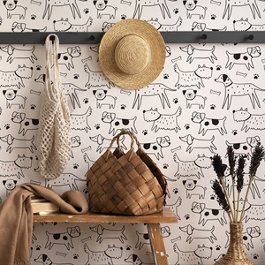 <span class=keywords><strong>Papier</strong></span> <span class=keywords><strong>peint</strong></span> autocollant en PVC amovible pour enfants, motif <span class=keywords><strong>chien</strong></span> de dessin animé noir et blanc, brillant, résistant à l'humidité, pour chambre - Product Image 1