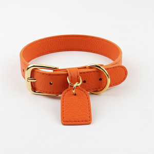 Premium oranje kunstleren hondenhalsband en tuigje set met metalen accessoires - Product Image 3