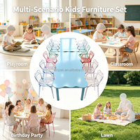 Table d'activités extérieure moderne ondulée pour enfants avec ensemble de chaises en plastique transparent pour location de fêtes en extérieur, crèches et usage domestique