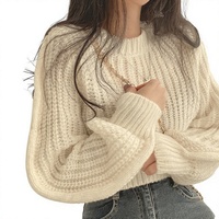 Pull en maille chic et douillet rose style coréen pour femme, à manches courtes bouffantes, coupe oversize, idéal pour l'automne