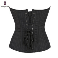 Haut Court Bustier Amincissant Grande Taille Noir avec Fermeture Éclair Devant et Corset Robe à Rayures Fines pour Femme avec Corde