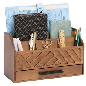 Wooden Desktop <b>Storage</b> <b>Box</b> 12.6x7.48x5inch With <b>Drawer</b> And Partitions For Office Stationery Organization - Product Image 3