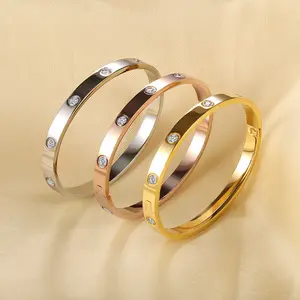 Personalized Fashion Jewellery Wholesale Custom Stainless Steel Bangle With Zircon 18K Gold Plated Women Bracelets Jewelry