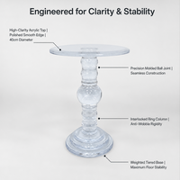 Table d'appoint BOSN Display Classic en acrylique transparent, résistante à l'eau, surface polie, plateau circulaire robuste, présentoir à boissons