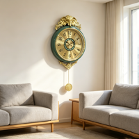 Horloge murale à pendule en alliage en forme d'éléphant, style européen vintage, cadre vert, pour salon