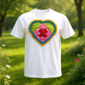 T-shirt promotionnel blanc unisexe pour adulte avec motif cœur Granny Square au crochet - Product Image 3