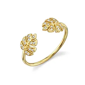 Gemnel hot selling 925 sterling silver monstera leaf 14 karat gold vermeil diamond open rings