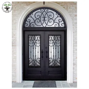 Arch top transom wrought iron steel front entrance door with double glass door panel