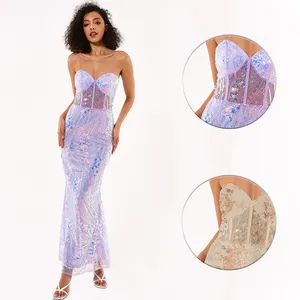 2024 New Women's V-Neck Sexy Strap Splicing Evening Dress Floor-Length With Empire Waistline Sweep Train Breathable Washable