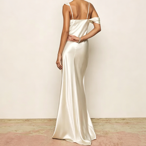 Elegante Vestido Maxi <span class=keywords><strong>de</strong></span> Satén Color Marfil con Cuello Drapeado y Hombros Descubiertos, Vestido <span class=keywords><strong>de</strong></span> Novia <span class=keywords><strong>de</strong></span> Seda Largo hasta el Suelo, Vestido Formal <span class=keywords><strong>de</strong></span> <span class=keywords><strong>Noche</strong></span> <span class=keywords><strong>para</strong></span> Ceremonia <span class=keywords><strong>de</strong></span> <span class=keywords><strong>Boda</strong></span> - Product Image 3