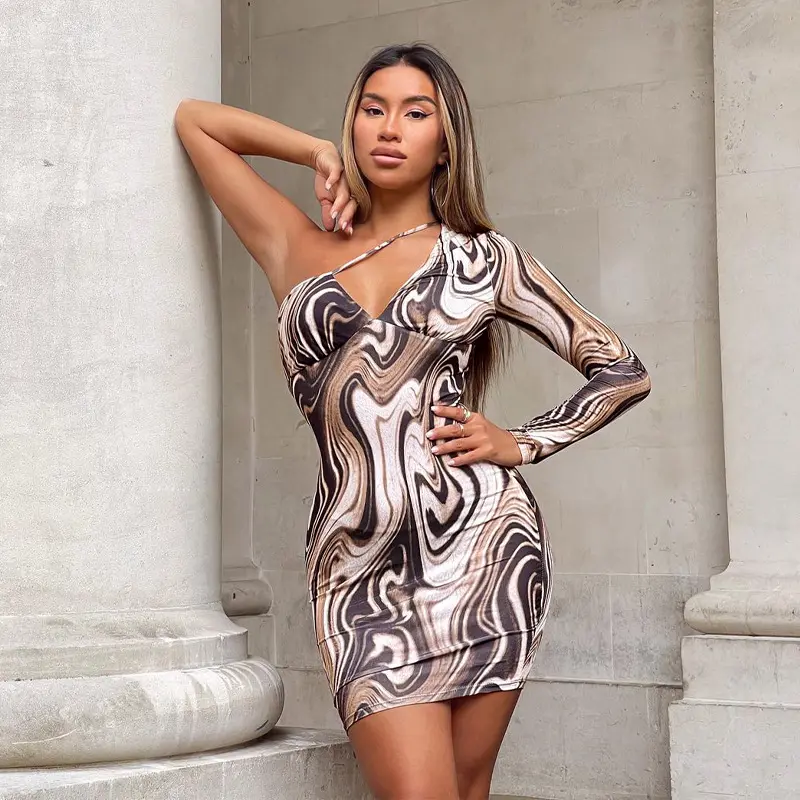 R11023 fashion printed one shoulder hollow out long sleeve women mini sexy dress
