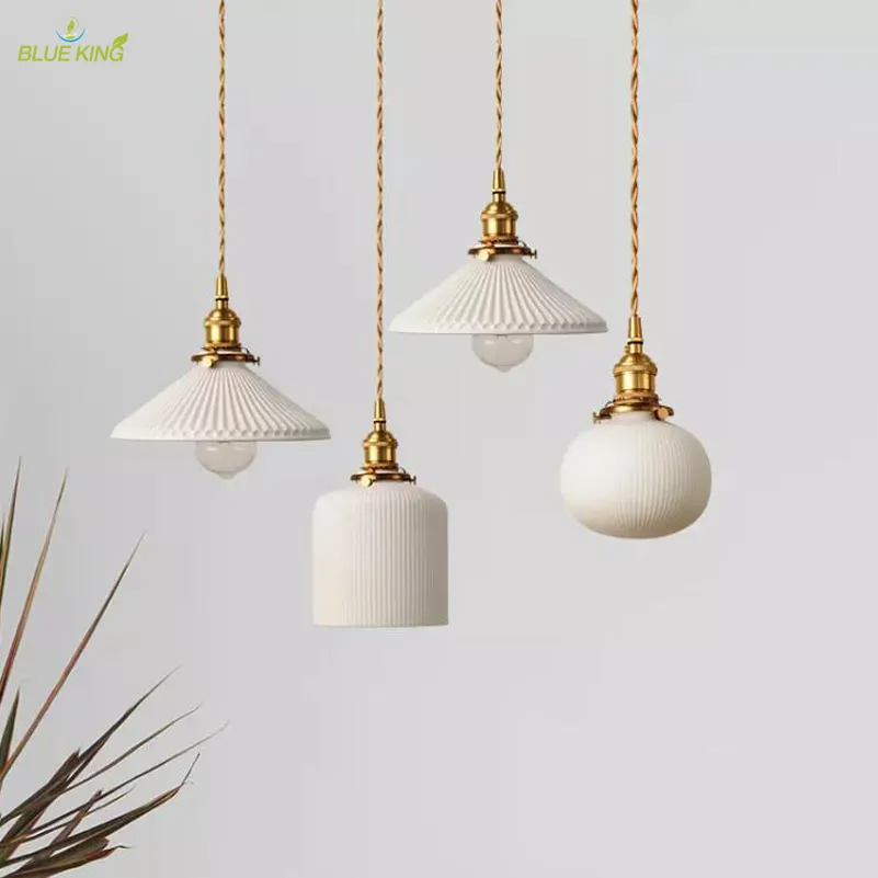 BLUEKING Nordic retro minimalist Japanese style single umbrella ceiling chandelier copper brass socket ceramic pendant light