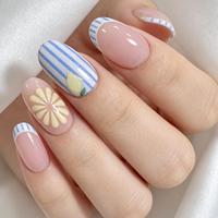 Faux ongles à presser en gros, personnalisés, prêts à l'emploi, à rayures, French Manucure, forme amande, bleu, blanc, motif marguerite citron, brillants
