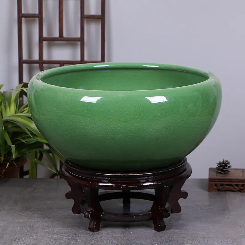 Jingdezhen Pot à poisson en céramique avec feuille de lotus, bol de nénuphar, fleur verte bonsaï, bassin spécial de lotus, utilisation au sol