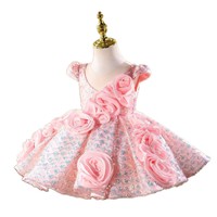 Robe rose 3D à col en V et manches volantées pour filles, idéale pour anniversaire ou spectacle de défilé