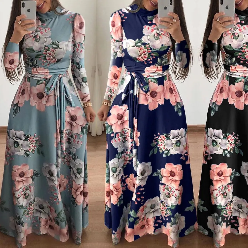 Mỏng Phù Hợp Đầy Đủ Tay Áo Dài Phụ Nữ Ăn Mặc Hoa Floral Print Loose Trưởng Thành Phụ Nữ Giản Dị Maxi Dresses Ăn Mặc