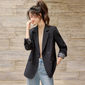 Women's Blazer Gray Solid Color Worst Fabric Professional Workwear Loose Fit Office Commute Style GDX1830 - Product Image 4