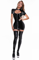 Ensemble de lingerie féminine en PU brillant, très élastique, style fetish, pour la nuit, avec body à manches courtes et robe