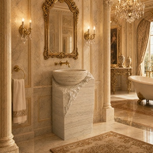Poulars En gros Lavabo de luxe mural en pierre naturelle et pierre artificielle, avec piédestal, pour lavage des mains, en marbre blanc et bois - Product Image 6