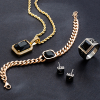 Nouvel arrivage de bijoux design en acier inoxydable Boucles d'oreilles en onyx noir avec pavé de zircons Ensemble de bijoux pour hommes, bracelets, colliers et bagues