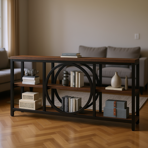 Modern Industrial <b>Console</b> <b>Table</b> With Storage Wood Top Black <b>Metal</b> Frame Living Room Furniture - Product Image 2