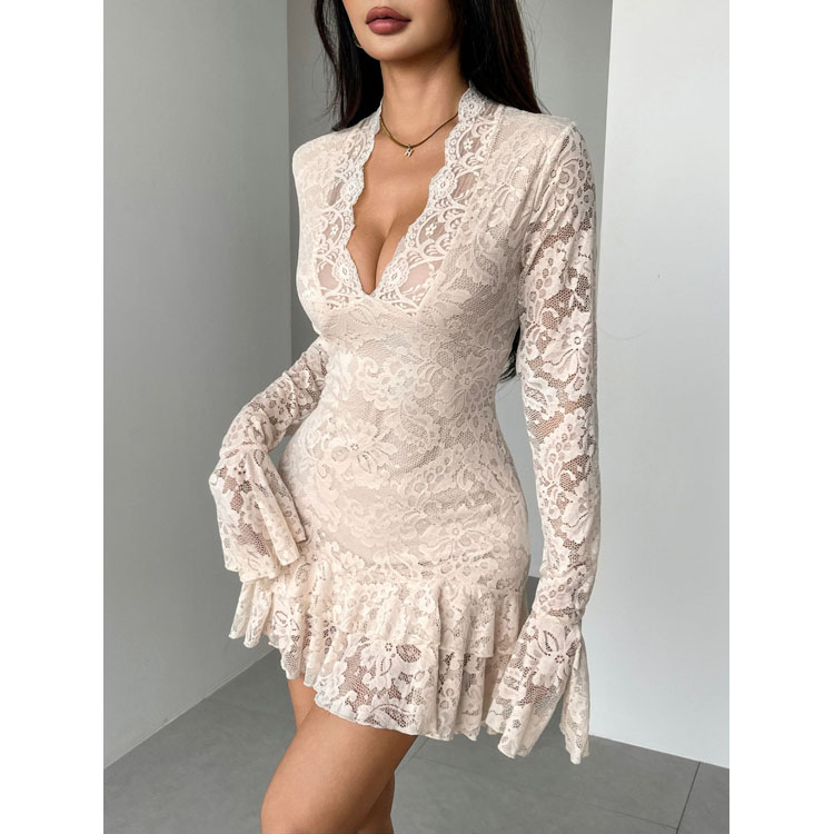 knee length dresses for ladies Cream Floral Lace Puff Sleeve Ruffle Hem Mini Dress