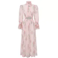 Robe élégante en mousseline à manches longues avec col montant et coupe ajustée, couleurs unies, pour l'été – Vente en gros