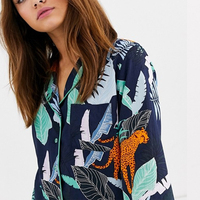 Ensemble pyjama 100% coton tissé décontracté et respirant pour femmes Chemise et short Botanical Tiger pour l'automne Vêtements de nuit confortables