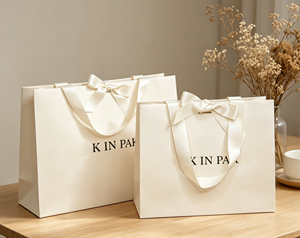 <b>Gift</b> shopping bags made of high quality thickened <b>white</b> cardboard with satin ribbon bow handles finished with lamination - Product Image 2
